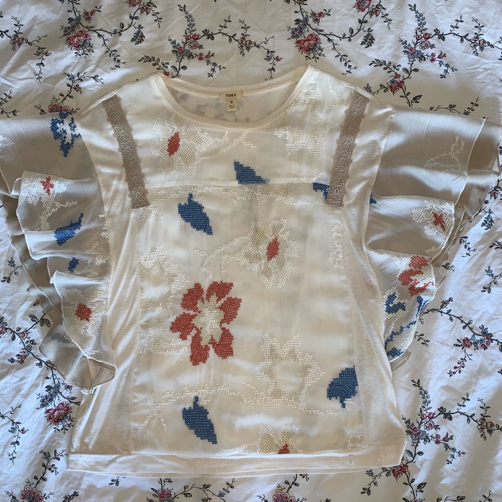 Anthropologie Tiny Embroidered flutter sleeve top - Picture 3 of 6